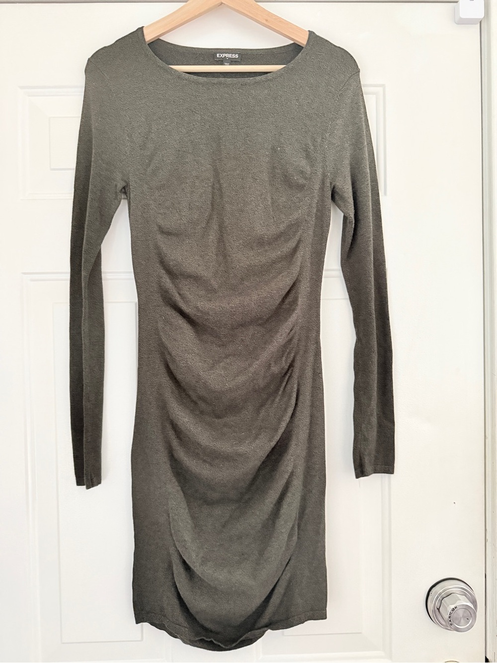 Express Olive Green Long-Sleeve Ruched Bodycon Dress SZ SP